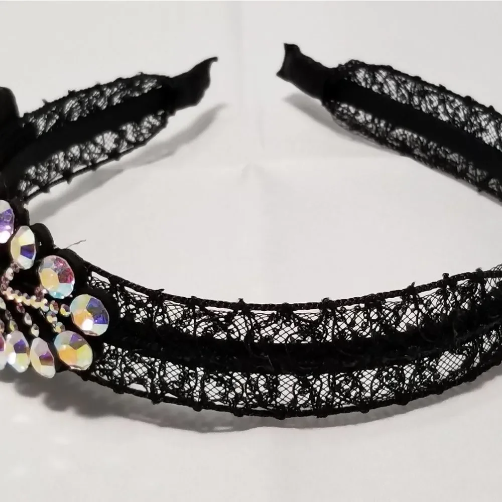 Blue Gold Crystals Leaf Black Lace Hair Band